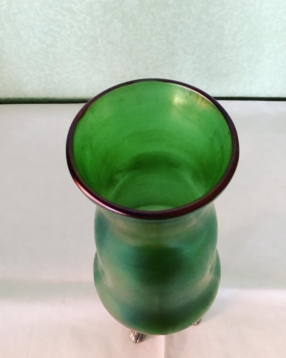 Green Iridescent Glass Vase With Silver Metal Frame, Height 29 Cm. Loetz Austria, 1900s-photo-2